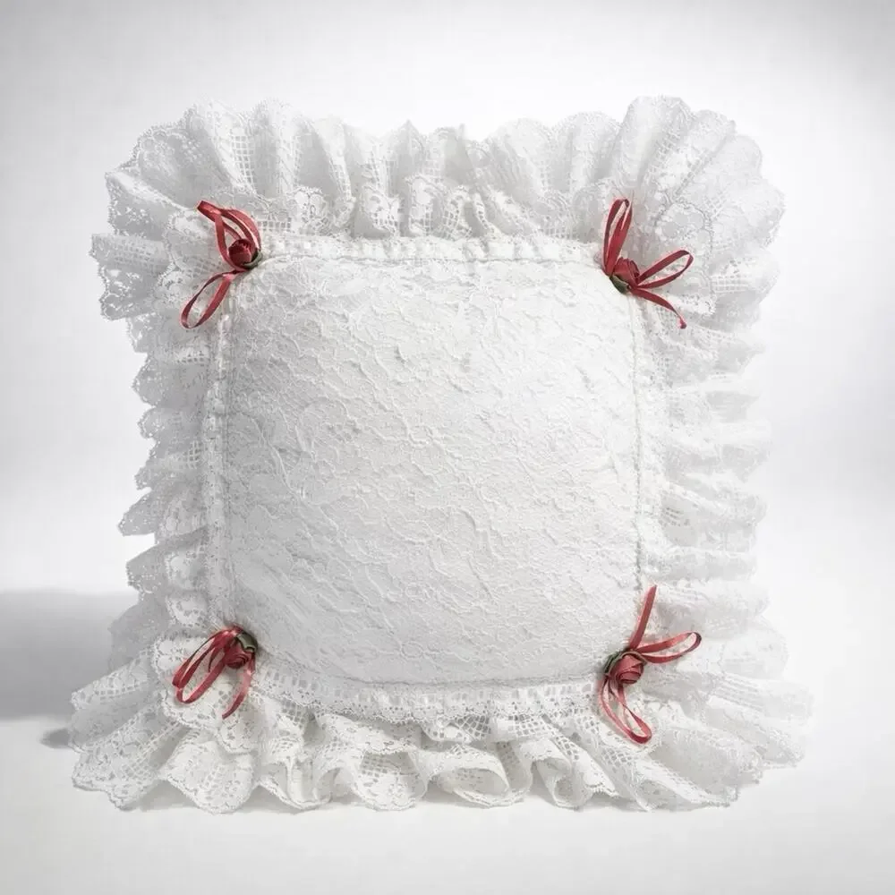 Vintage 70s White Lace Ruffles Square Pillow w/ Ribbon Ties Fairy Bridal Decor